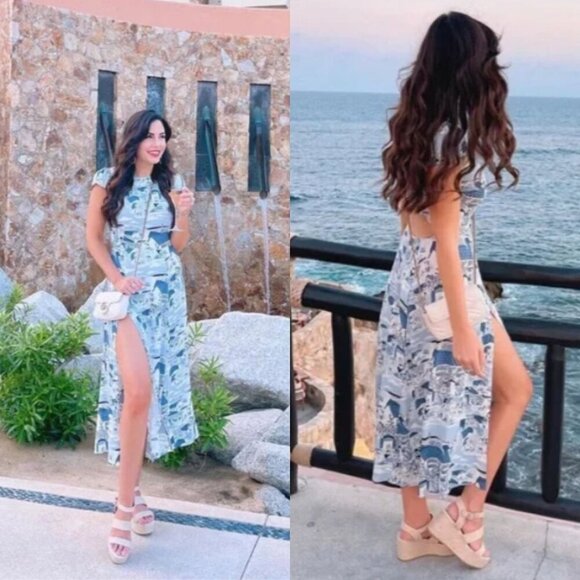 Reformation Gavin Blue White Portugal Printed Open Back Cap Sleeve Midi Dress - Picture 14 of 16